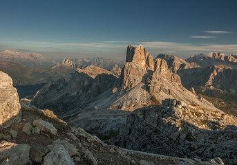 Obraz premium Averau mountain, the highest in Nuvolau group, as seen early in the morning from Nuvalau refuge, Alta Via 1 trek, Cortina d'Ampezzo, Belluno province, Dolomites, South Tyrol, Italy.