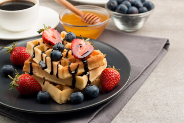 Photo of Belgian waffles. Dessert breakfast concept. 