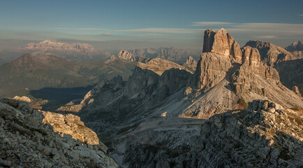 Averau mountain, the highest in Nuvolau group, as seen early in the morning from Nuvalau refuge, Alta Via 1 trek, Cortina d'Ampezzo, Belluno province, Dolomites, South Tyrol, Italy.