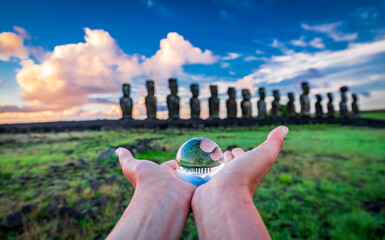 Offering crystal ball to moai platform at dawn