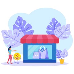 Vector illustration of business concept, shop needs, discounts, young women going to work, investing in real estate, discounts, expenses and income.