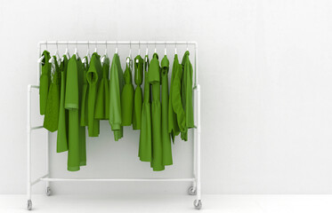 Hanger with green women's clothing against the background of a white wall. Monotonous green clothes. Creative conceptual illustration with copy space. 3D rendering.