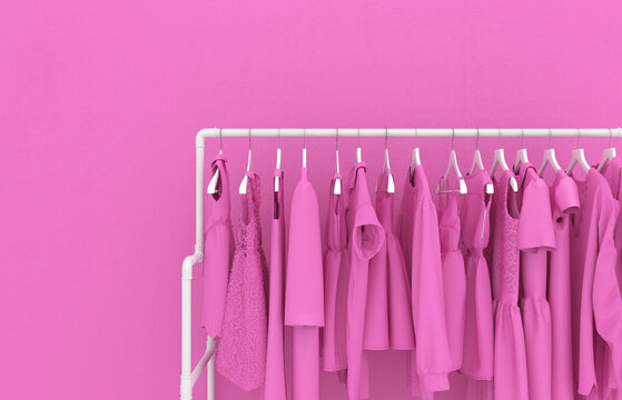 Hanger with pink women's clothing against the background of a pink wall. Monotonous pink clothes. Creative conceptual illustration with copy space. 3D rendering.