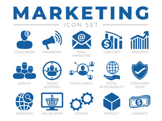 Marketing Icon Set. Promotion, Email Marketing, Costs, Analytics, Audience, Webshop and other Icons.