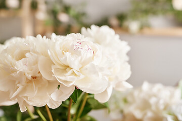 Obraz premium Floral background. Flower shop interior. Floral design studio, making decorations and arrangements. Flowers delivery service and sale of home plant, creating order. Peonies and roses.