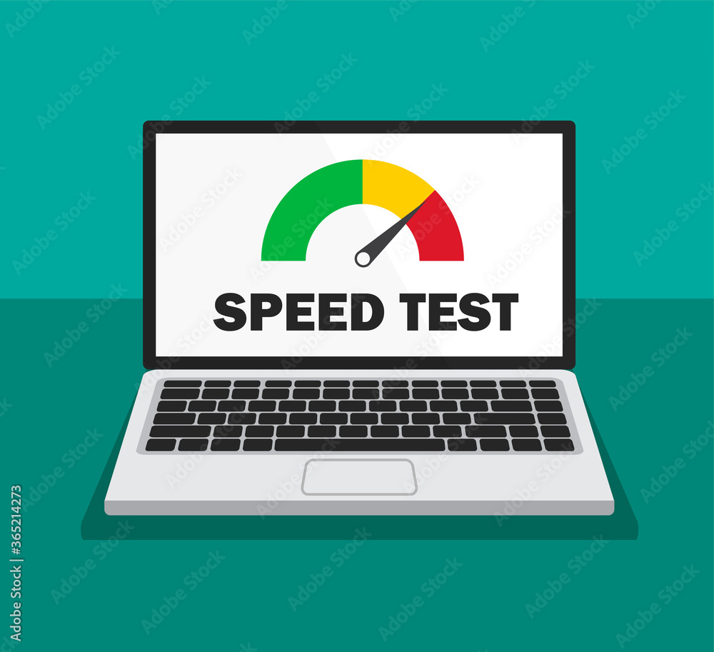 Poster flat design of laptop with speed test on a screen. isolated vector illustration.
