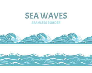 Blue sea and waves seamless border. Vector illustration of marine pattern in cartoon flat style.