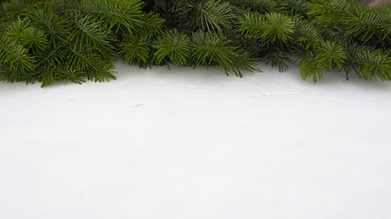 Place for text. Christmas background. Green branches of a Christmas tree lie on a white background.
