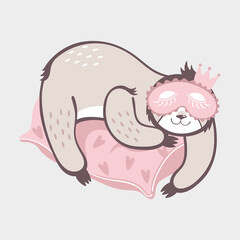 Vector illustration of a sleeping sloth. Sloth bear girl sleeps on a pillow wearing a face mask. Children's cute illustration.