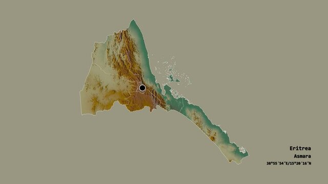 Debubawi Keyih Bahri, region of Eritrea, with its capital, localized, outlined and zoomed with informative overlays on a relief map in the Stereographic projection. Animation 3D
