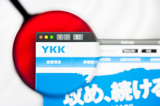 New York, New York State, USA - 21 May 2019: Illustrative Editorial of japanese company YKK Yoshida Kogyo KK website homepage. YKK Yoshida Kogyo KK logo visible on display screen.