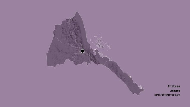 Gash Barka, region of Eritrea, with its capital, localized, outlined and zoomed with informative overlays on a administrative map in the Stereographic projection. Animation 3D