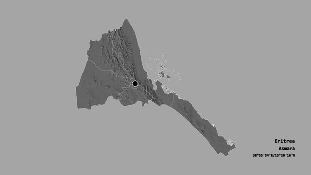 Gash Barka, region of Eritrea, with its capital, localized, outlined and zoomed with informative overlays on a bilevel map in the Stereographic projection. Animation 3D