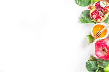 Rosh hashanah, jewish New Year holiday concept, banner. With traditional symbols, apples, pomegranate, honey. Rosh hashanah greeting card background.