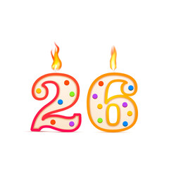 Twenty six years anniversary, 26 number shaped birthday candle with fire on white