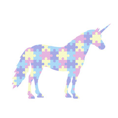 Vector illustration of unicorn silhouette with puzzle pattern isolated on white background