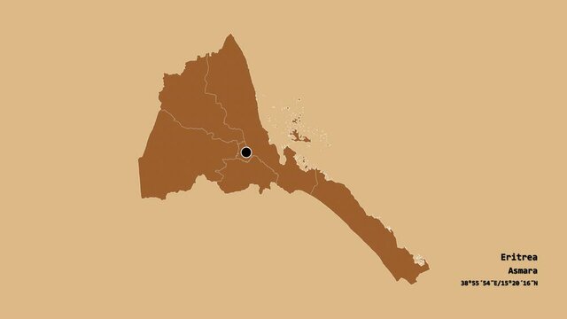 Gash Barka, region of Eritrea, with its capital, localized, outlined and zoomed with informative overlays on a solid patterned map in the Stereographic projection. Animation 3D