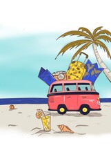 Postcard in a cartoon style. Holidays pattern. Travel to the seaside illustration 