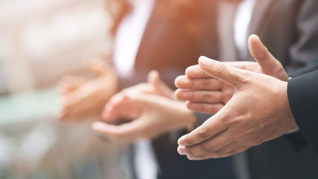 Audience Applauding At A Business Appreciation. People Congratulation And Clapping Hands At Conference And Presentation. 