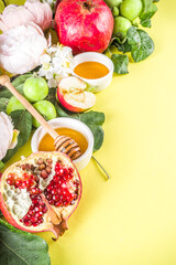 Rosh hashanah, jewish New Year holiday concept, banner. With traditional symbols, apples, pomegranate, honey. Rosh hashanah greeting card background.