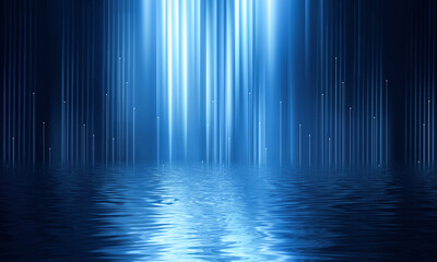 Dark neon background with rays and lines. Night view, reflection in the water of neon light. Abstract dark scene, vertical lines. 3d illustration