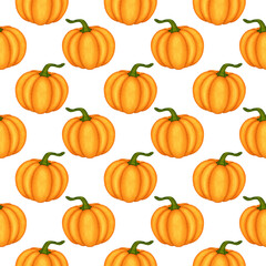 Cartoon watercolor orange pumpkin seamless pattern. Symbol of fall season, harvesting. Hand drawn  elements on white background for design autumn poster, card, fabric, wrapping paper, scrapbooking