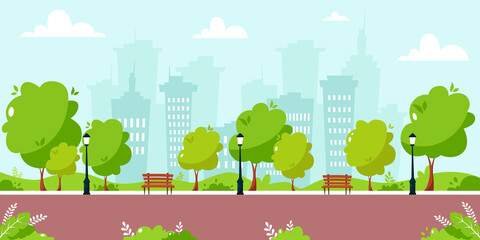 Summer city park. Cityscape concept. Vector illustration in flat style. 
