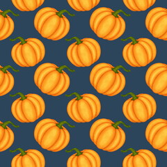 Cartoon watercolor orange pumpkin seamless pattern. Symbol of fall season, harvesting. Hand drawn elements on blue background for design autumn poster, card, fabric, wrapping paper, scrapbooking