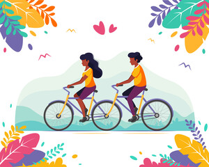Fototapeta na wymiar Black couple riding tandem bicycle. Healthy lifestyle, summer time, cycling. Vector illustration 