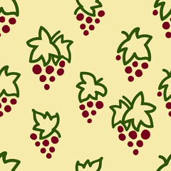 Fototapeta na wymiar Seamless pattern with grape. Hand drawn elements. Pattern on a colored background with doodles for printing on fabrics, paper, packaging. Vector illustration