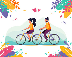 Naklejka na ściany i meble Man and woman riding tandem bicycle. Healthy lifestyle, summer time, cycling. Vector illustration