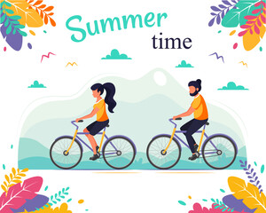 Fototapeta na wymiar Man and woman riding bicycles in the park. Healthy lifestyle, summer time, cycling. Vector illustration