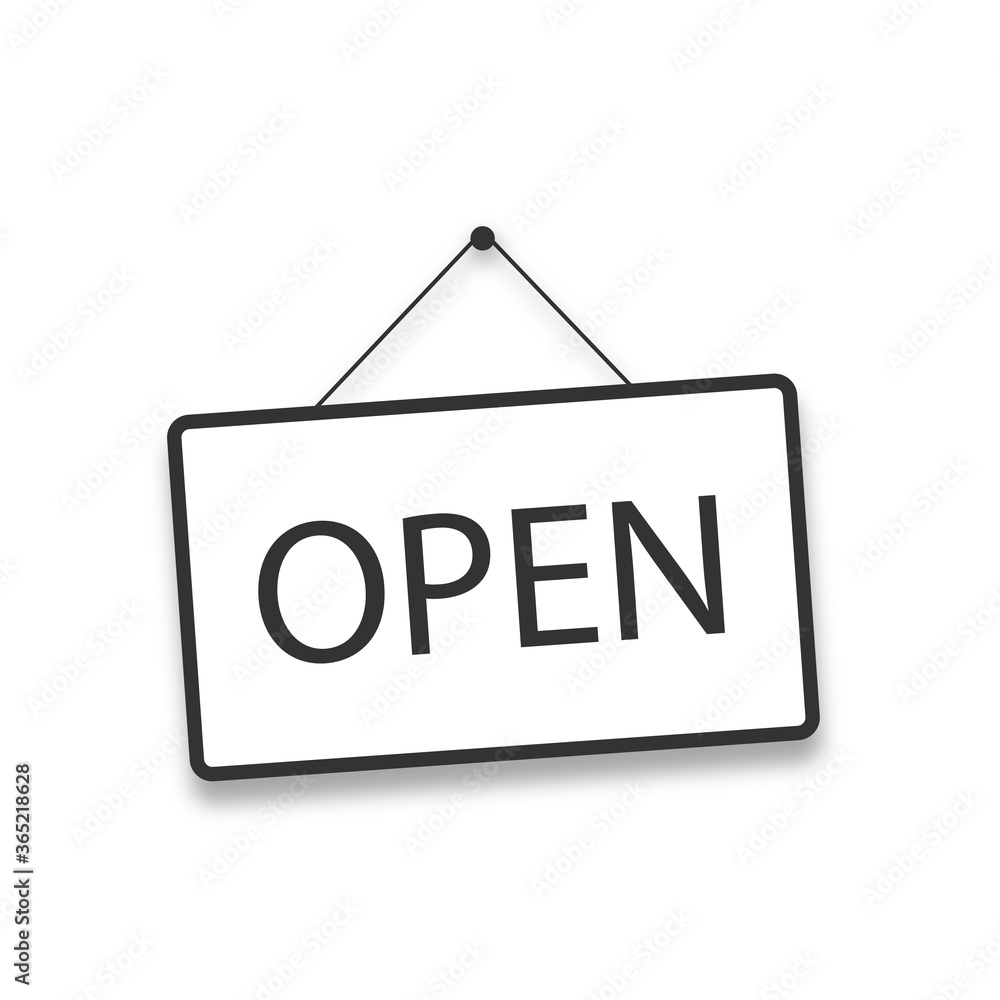 Poster vector open door sign. label with text in flat style. vector illustration