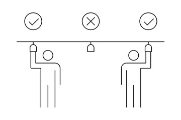 Two men standing in subway or bus keeping social distance. Public transport safety sign. Covid-19 prevention. Stickman line icon. Black outline on white background. Vector illustration, flat, clip art