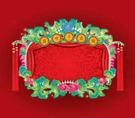 Traditional greeting board design inspired by oriental opera head gear and retro pattern.Translation: Spring filled with joy and celebration to family.