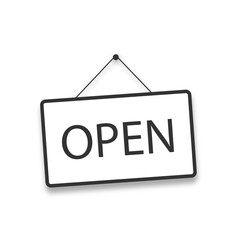 Vector open door sign. Label with text in flat style. Vector illustration