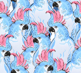 Seamless Pattern Hand Painted Watercolor Artwork Illustration Print Blue Parrot Angry Bird with Pink Feathers Tropics