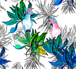 Seamless Watercolor Tropical Pattern Abstract Background with Birds and Palm Leaves  and Doodle Bushes