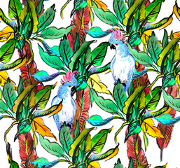 Seamless Watercolor Pattern White Parrots Birds on Palm Leaves in Tropical Jungle Exotic. Colorful Tropical Background.