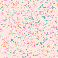 Seamless peach, pink and green trendy terrazzo texture. Hand-drawn repeatable pattern design in pastel colours. Surface pattern design for web and print use. Ideal for fabric and wrapping paper.