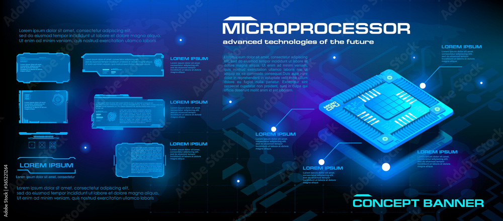 Poster powerful microprocessor of the future. hi-tech. new generation processor for processing and storing 
