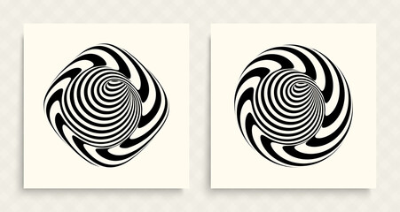 Abstract black and white striped figure. 3d geometric design. Optical art. Vector illustration with distortion effect.