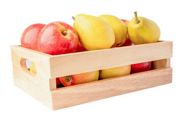 Appl and pear fruit in wooden box isolate on white background with clipping path.
