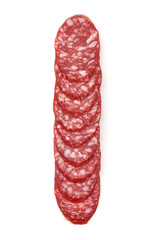 Dry salami sausage slices, isolated on a white background