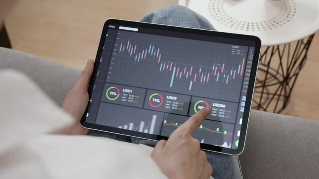handle shot of businesswoman trader looking on tablet with graphs analysis candle line on table in office, diagrams on screen.