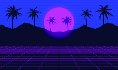 Synthwave Landscape in Retro Style | Palms and Sunset