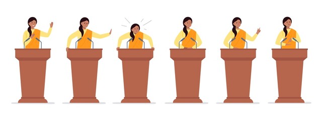 A female indian politician has a speech on the tribune. Different emotions of a political candidate. Public speaking concept. Vector character in cartoon style. - obrazy, fototapety, plakaty