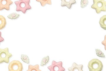 Multiple colored Christmas meringue candy, space for text in the center of the frame, on a white isolated background green / orange / white and pink Christmas candies.