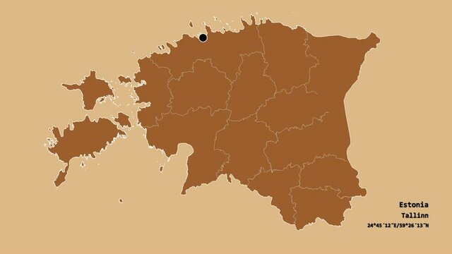 Peipsi, county of Estonia, with its capital, localized, outlined and zoomed with informative overlays on a solid patterned map in the Stereographic projection. Animation 3D