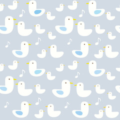 Cute white ducks seamless pattern design with music notes on blue background. Perfect for fabric, textile, kids fashion. Surface pattern design.